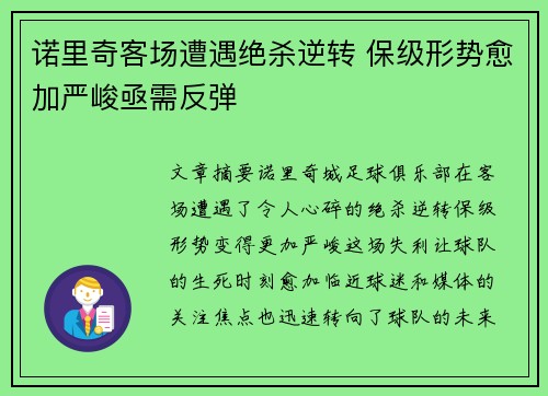 诺里奇客场遭遇绝杀逆转 保级形势愈加严峻亟需反弹